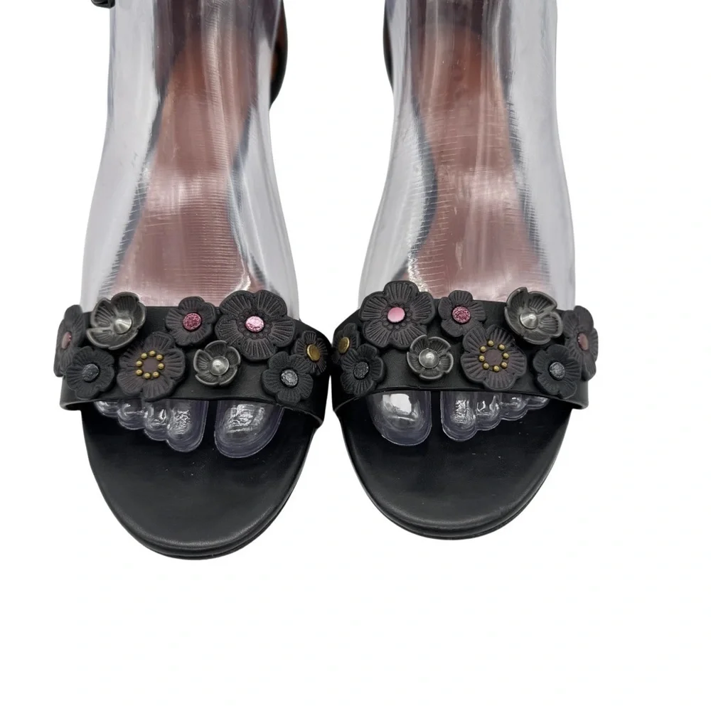 COACH Black Leather Metal and Flower Accents Ankle Strap Heels 2.5'' Size: 37.5